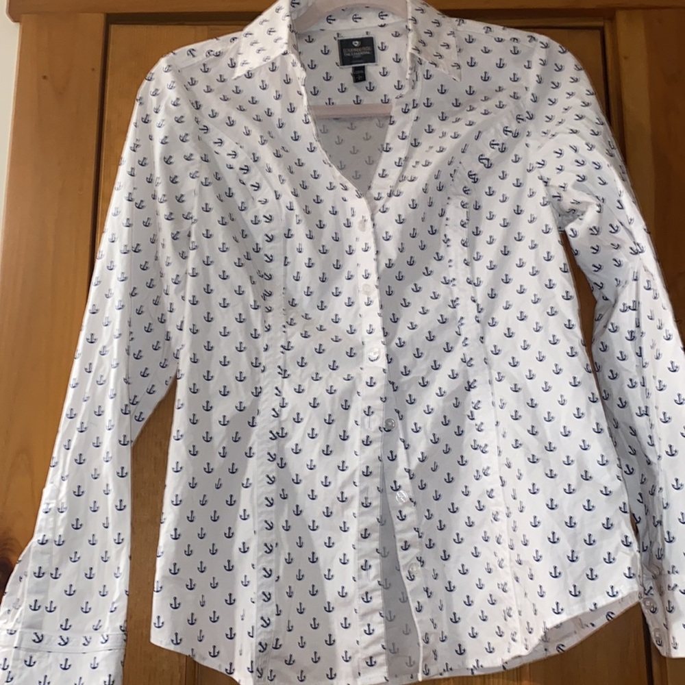 Express The Essential Shirt button down long sleeve white blue anchors S P